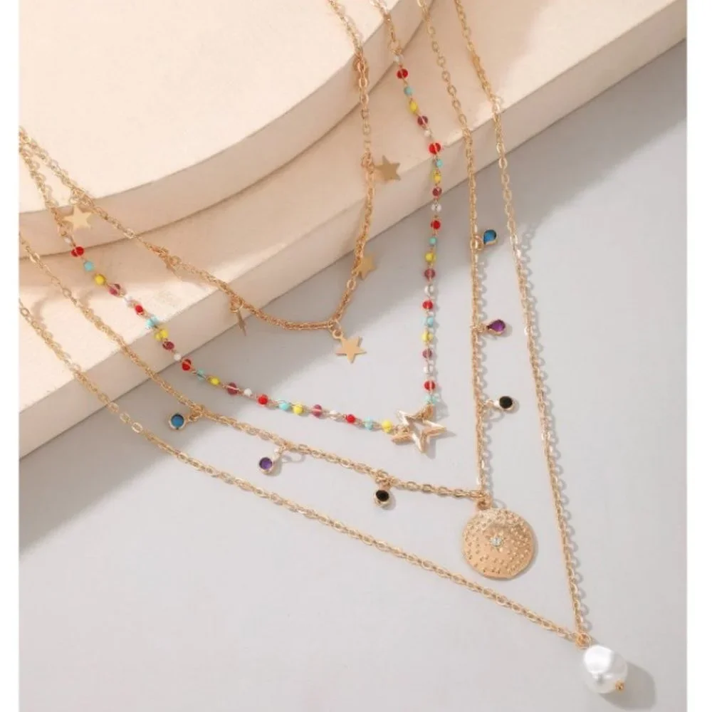 Gold Layered Star & Coin Pendant Necklace with Colored Bead Accents